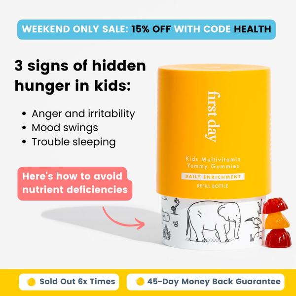 A direct-response, square format ad identifying common behavioral issues in children to position the multivitamin as a necessary solution.